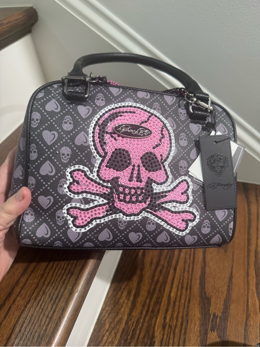 ED HARDY GRAY PINK SKULL HEARTS FAUX LEATHER SATCHEL NEW RELEASE